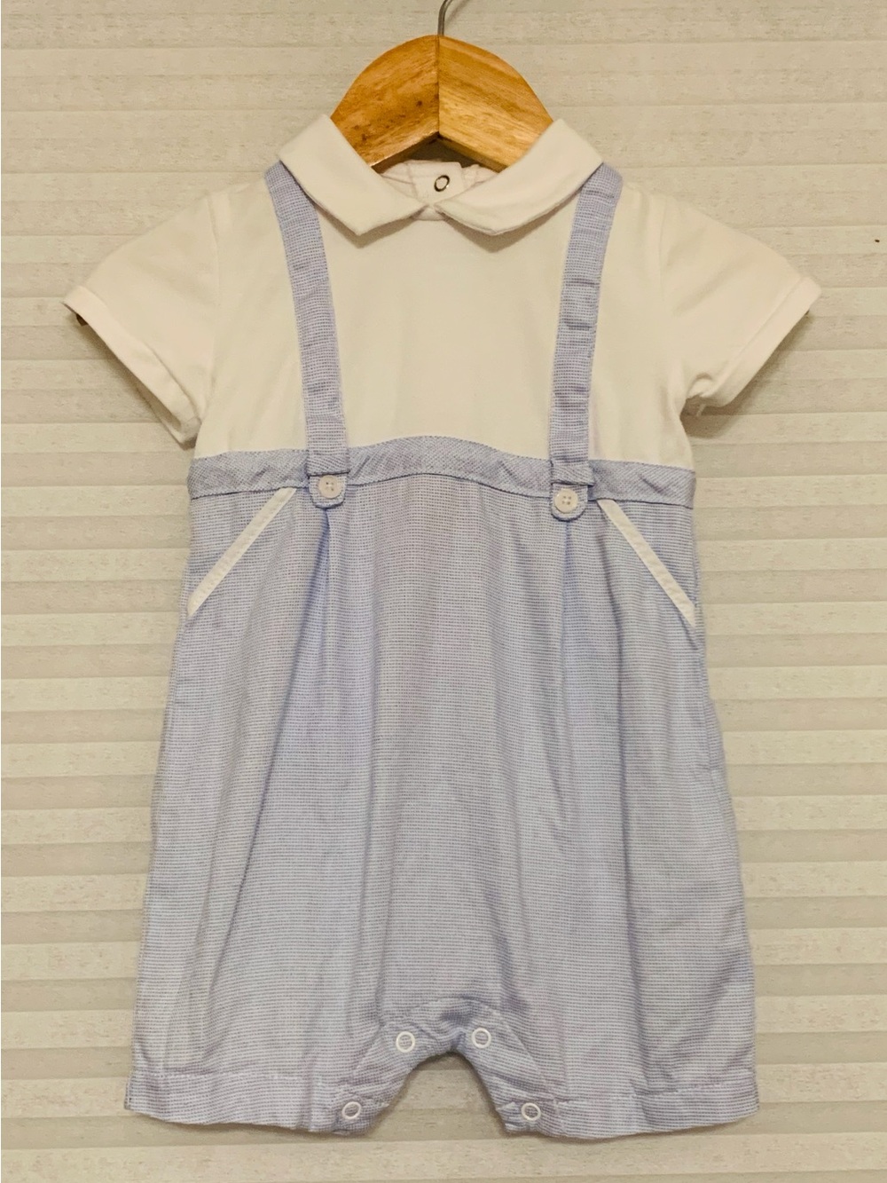 EUC Mayoral Baby Boy Shortalls Romper Light Blue Faux Overalls 6-9M